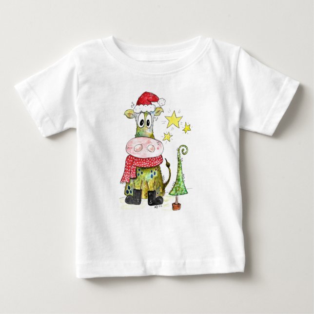 Camiseta Para Bebê Vaca branca de Natal (Frente)
