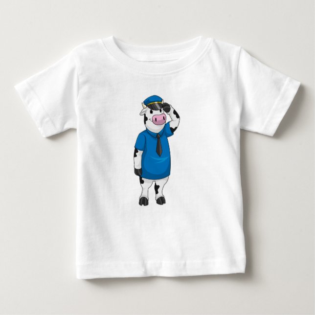 Camiseta Para Bebê Vaca como agente da polícia com chapéu da polícia (Frente)