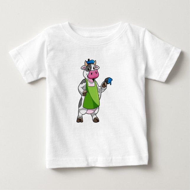Camiseta Para Bebê Vaca como Pintor com Pintura e Apron (Frente)