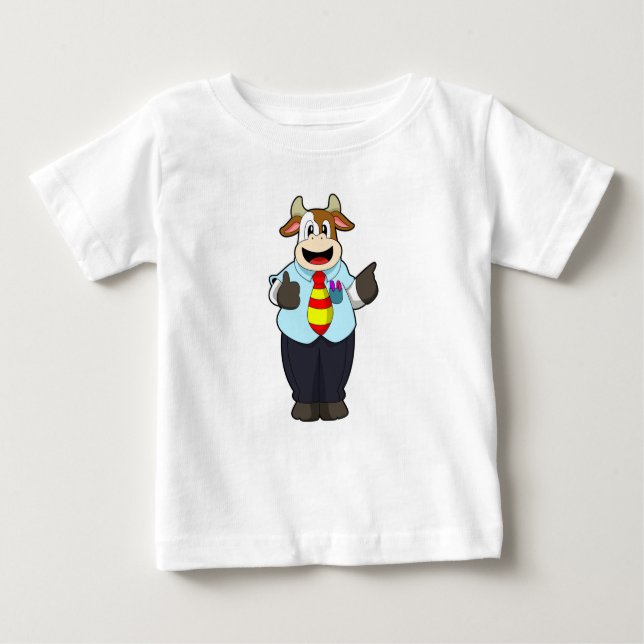 Camiseta Para Bebê Vaca como professor com gravata (Frente)