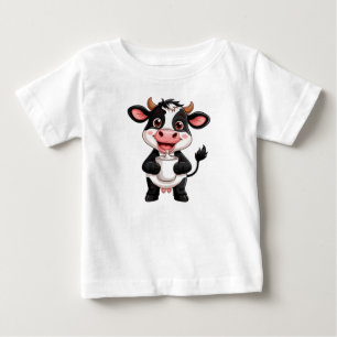 Camiseta Para Bebê Vaca de desenho animado alegre bebendo leite