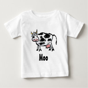 Camiseta Para Bebê Vaca de desenho animado engraçada em preto e branc