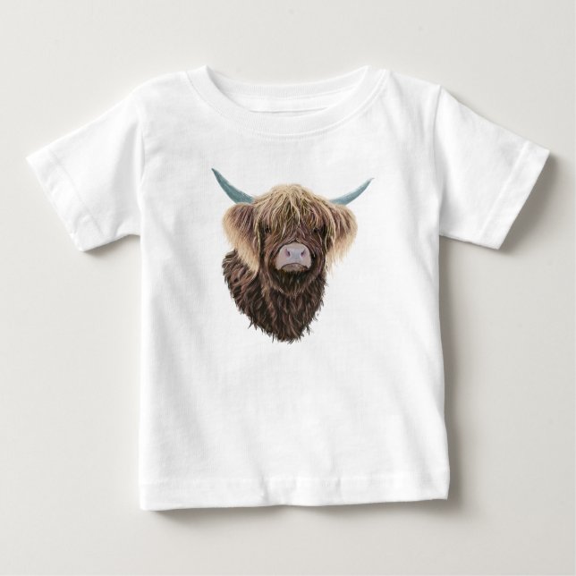 Camiseta Para Bebê Vaca do Terreno Escocês Charlie Com Cabelo Estranh (Frente)