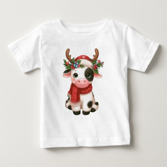 Camiseta Para Bebê Vaca doce de Natal feliz (Frente)