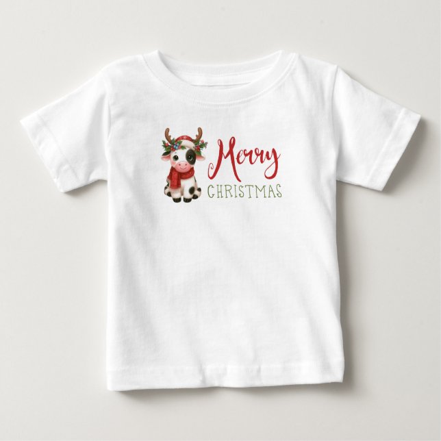 Camiseta Para Bebê Vaca doce de Natal feliz (Frente)