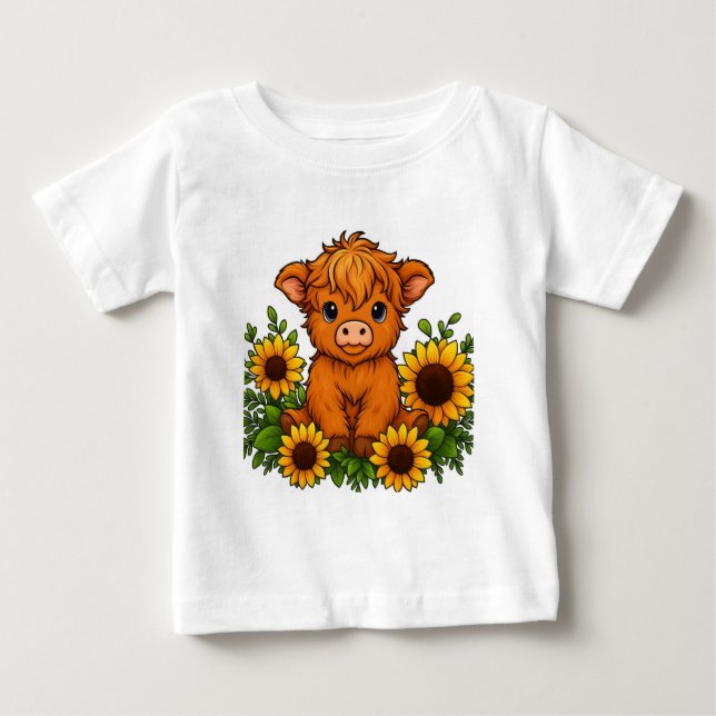 Camiseta Para Bebê Vaca Fofa com Girassóis (Frente)
