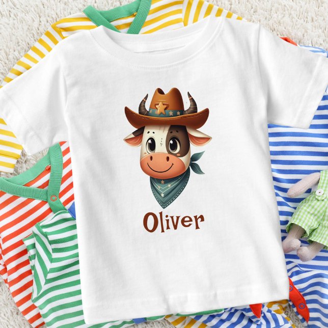 Camiseta Para Bebê Vaca Fofa Vestindo Chapéu de Cowboy e Cachecol (Criador carregado)