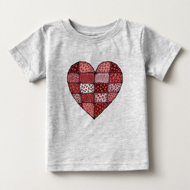 Camiseta Para Bebê Valentine's Day Doodle Art Style Patchwork Heart  (Frente)
