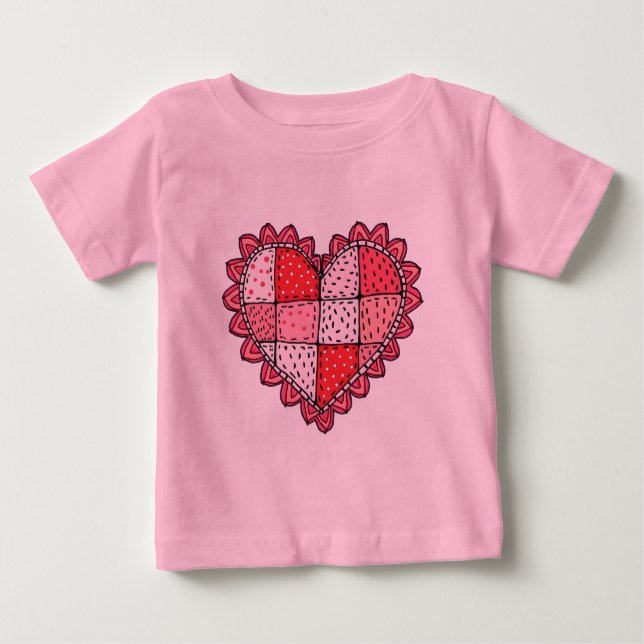 Camiseta Para Bebê Valentine's Doodle Art Style Faux Patchwork Heart  (Frente)