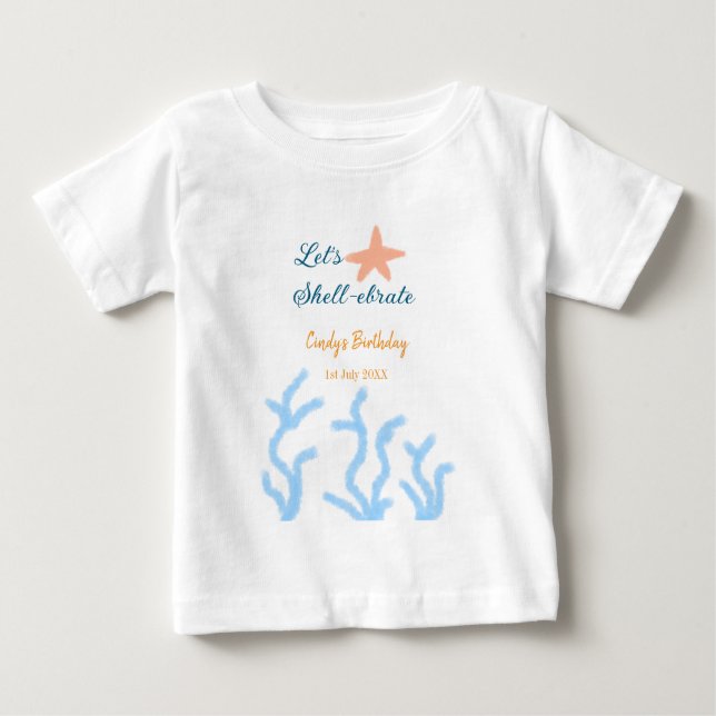 Camiseta Para Bebê Vamos comemorar debaixo do mar azul aniversário  (Frente)