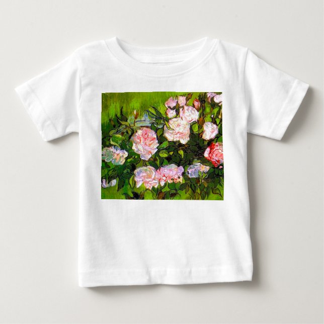 Camiseta Para Bebê Van Gogh ainda vive com rosas rosa (Frente)