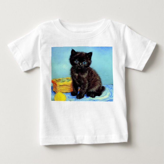Camiseta Para Bebê Van Gogh Black Kitten com Yarn (Frente)