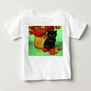 Camiseta Para Bebê Van Gogh Black Kitten Red Flowers