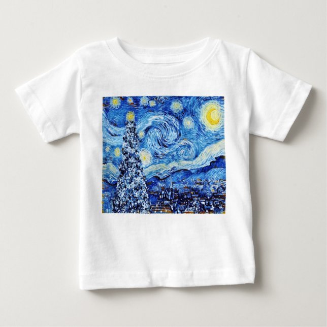 Camiseta Para Bebê Van Gogh Starry Night - Árvore Branca de Natal (Frente)