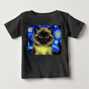 Camiseta Para Bebê Van Gogh Starry Night Siamese Cat