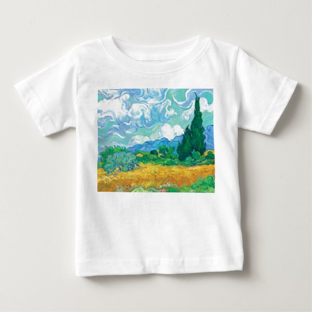 Camiseta Para Bebê Van Gogh Wheatfield com Cyprestes (Frente)