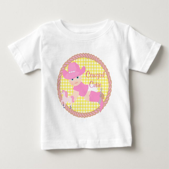 Camiseta Para Bebê Vaqueira Bebê Chapéu Rosa Botas e Cavalo com Tutu (Frente)