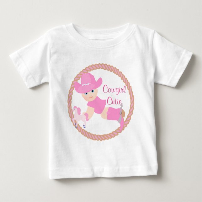Camiseta Para Bebê Vaqueira Bebê Chapéu Rosa Botas e Vestido de Caval (Frente)