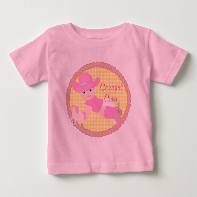 Camiseta Para Bebê Vaqueira Bebê Rosa Chapéu Botas e Tutu de Cavalo (Frente)