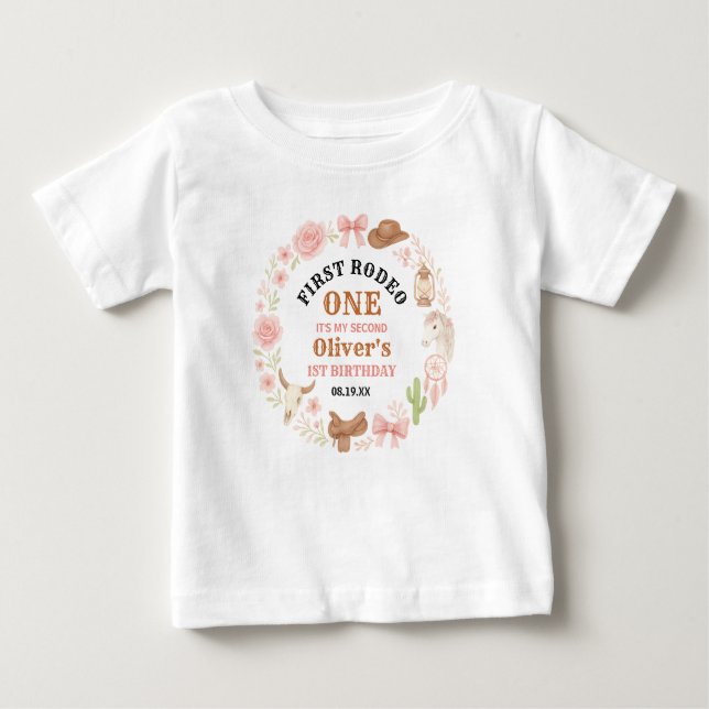 Camiseta Para Bebê Vaqueira Coquete Ocidental Aniversário de 1 ano Ro (Frente)