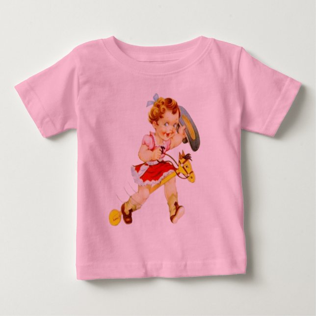 Camiseta Para Bebê Vaqueira do Rodeio Ocidental em um Cavalo de Pau (Frente)