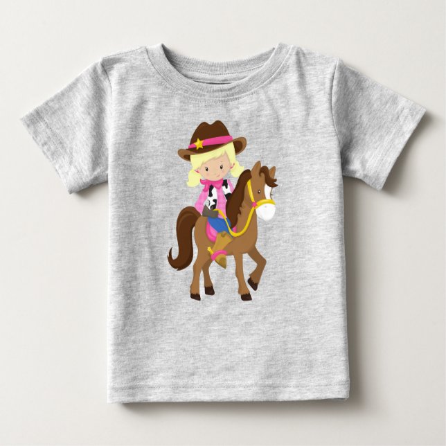 Camiseta Para Bebê Vaqueira, Xerife, Cavalo, Faroeste, Cabelo Loiro (Frente)