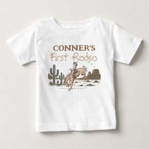 Camiseta Para Bebê Vaqueiro Marrom Rústico Primeiro Rodeio Aniversári