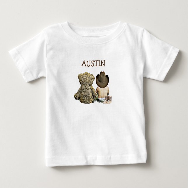 Camiseta Para Bebê Vaqueiro personalizado e vara-bebê do Urso de Tedd (Frente)