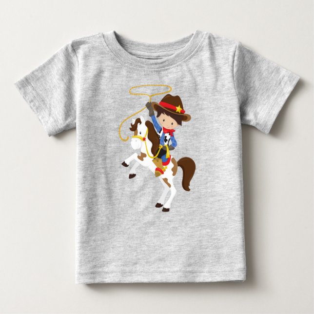 Camiseta Para Bebê Vaqueiro, Xerife, Cavalo, Laço, Faroeste, Cabelo C (Frente)