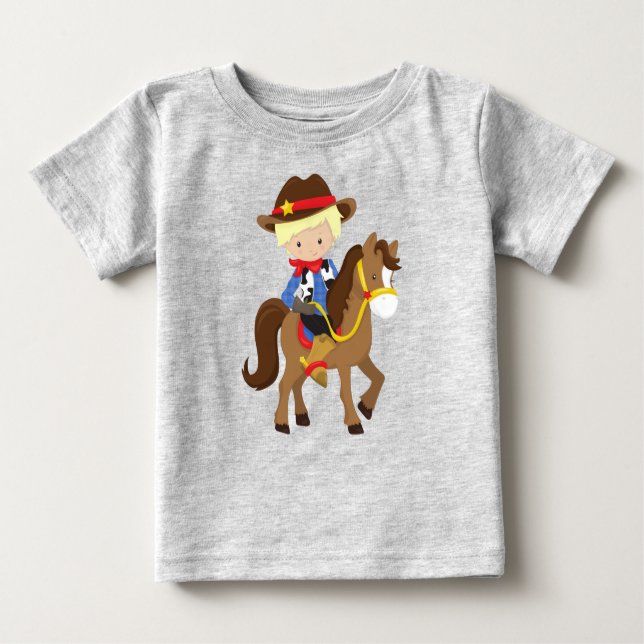 Camiseta Para Bebê Vaqueiro, Xerife, Cavalo, Ocidental, Cabelo Louro (Frente)