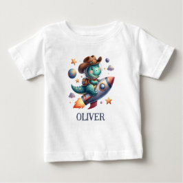 Camiseta Para Bebê Vaquero Dinossauro Espacial Fofo Pilotando Foguete