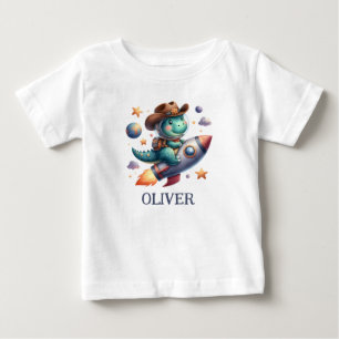 Camiseta Para Bebê Vaquero Dinossauro Espacial Fofo Pilotando Foguete