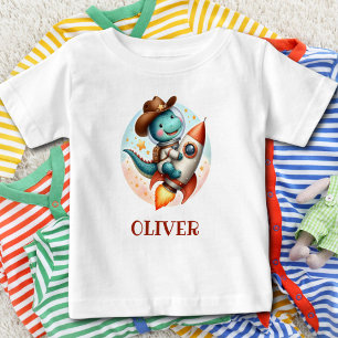 Camiseta Para Bebê Vaquero Espacial Fofo Trex em um Foguete Espacial