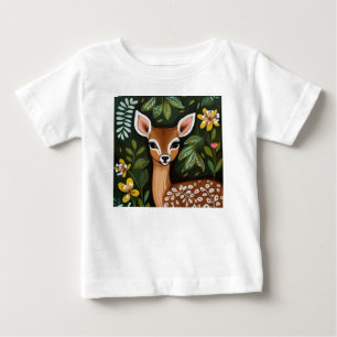 Camiseta Para Bebê Veado bonito com folhas e flores