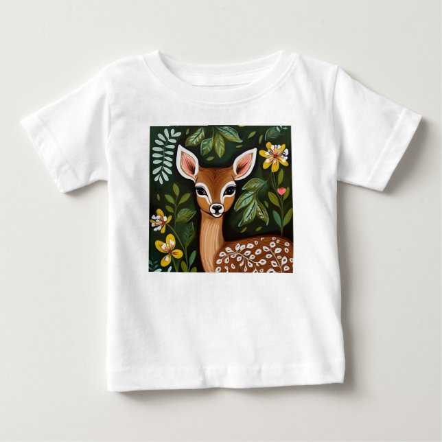 Camiseta Para Bebê Veado bonito com folhas e flores (Frente)