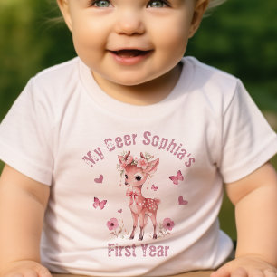 Camiseta Para Bebê Veado Floral E Garota Borboleta Primeiro Aniversár