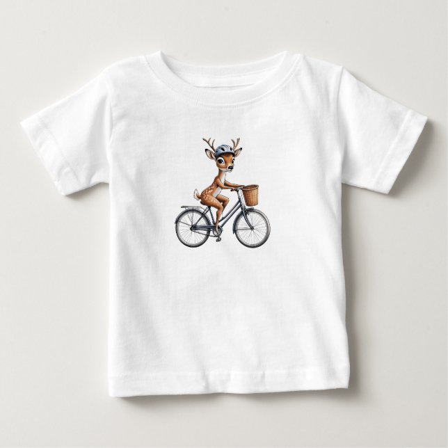 Camiseta Para Bebê Veado Whimsical Andando uma Bicicleta - Desenho à  (Frente)