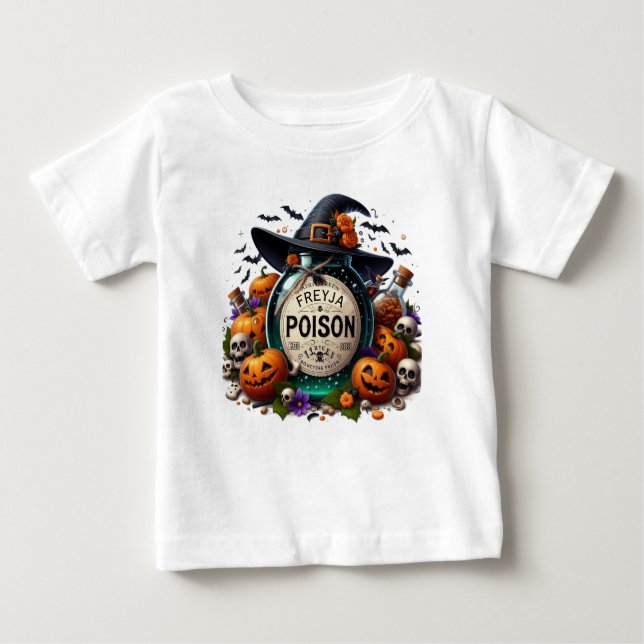 Camiseta Para Bebê Veneno de Halloween com nome de criança (Frente)