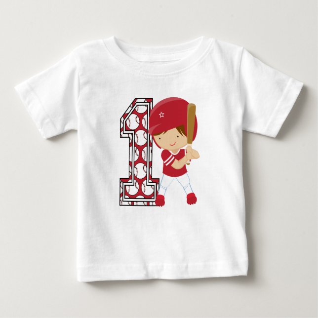 Camiseta Para Bebê Vermelho e branco da massa do basebol do primeiro (Frente)