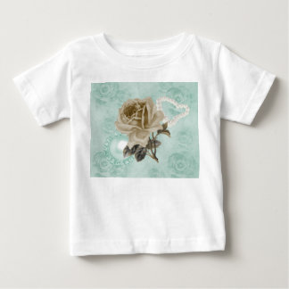 Camiseta Para Bebê Vestido Branco de Babados com Rosas de Marfim Verd