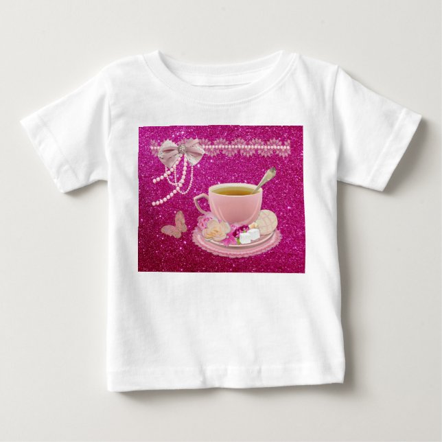 Camiseta Para Bebê Vestido de Criança com Babado e Brilho Rosa Quente (Frente)