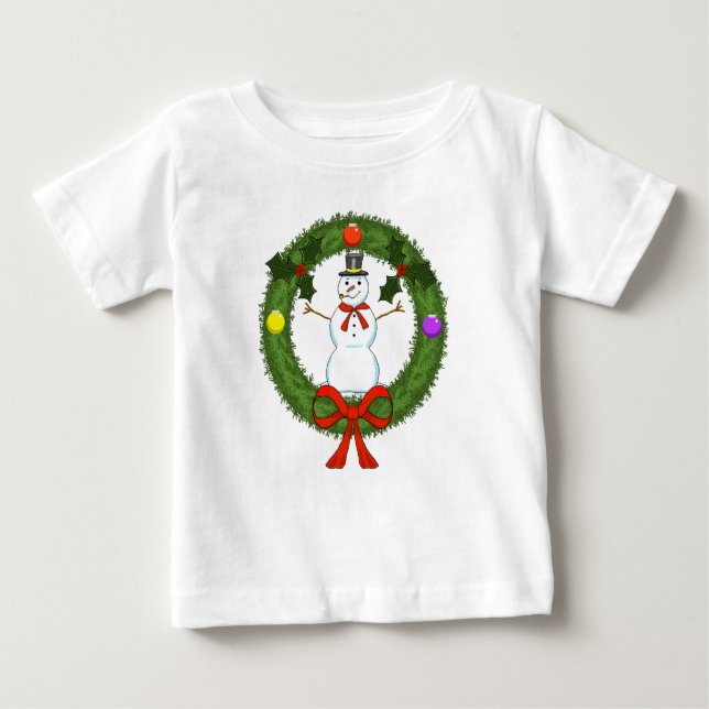 Camiseta Para Bebê Vestido de criança com boneco de neve em grinalda (Frente)