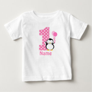 Camiseta Para Bebê Vestido personalizado pinguim do rosa da menina do