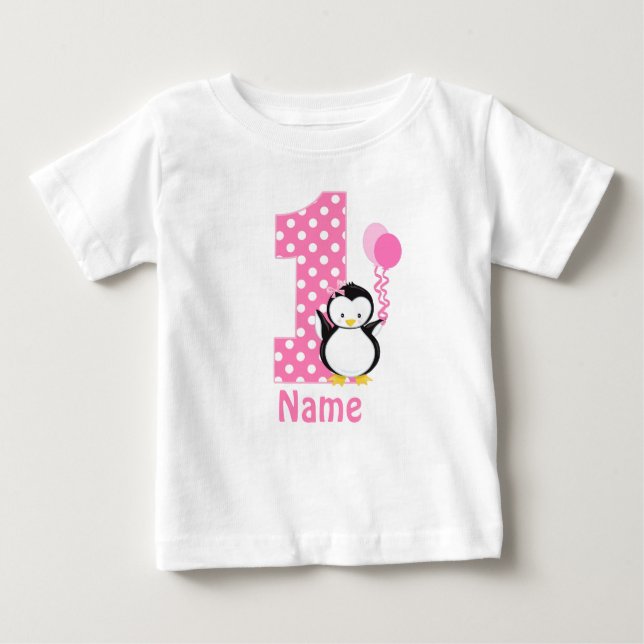 Camiseta Para Bebê Vestido personalizado pinguim do rosa da menina do (Frente)