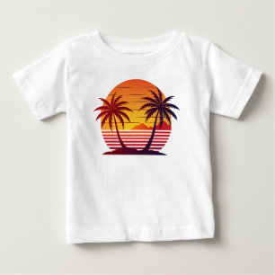 Camiseta Para Bebê Vetor de pôr do sol com palmeiras 