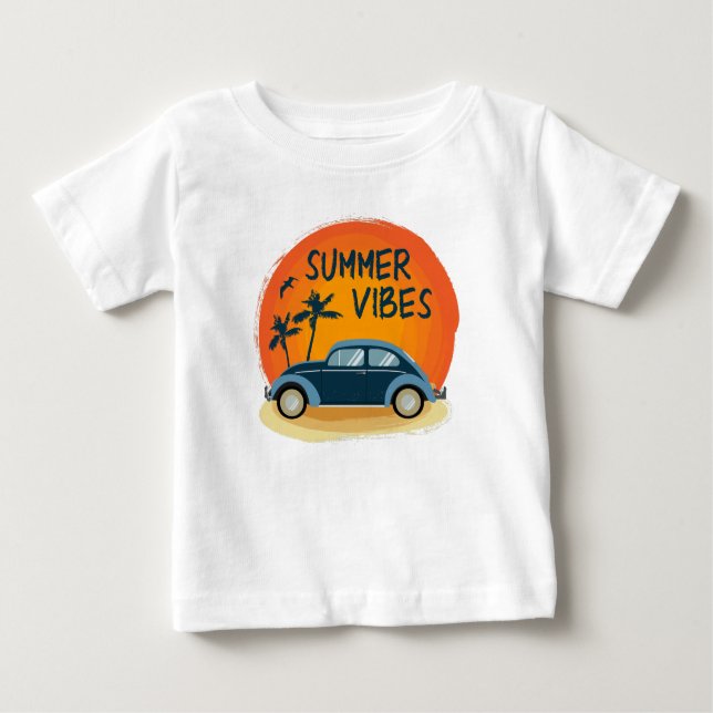 Camiseta Para Bebê vibração de verão com carro retrô na praia (Frente)