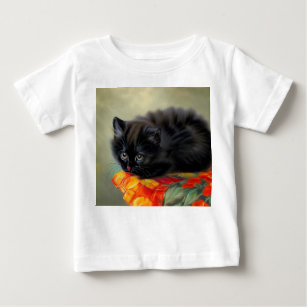 Camiseta Para Bebê Vintage Black Kitten com Red Flower Blanket
