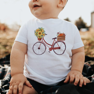 Camiseta Para Bebê Vintage Red Bicycle Sunflower & Pumpkins