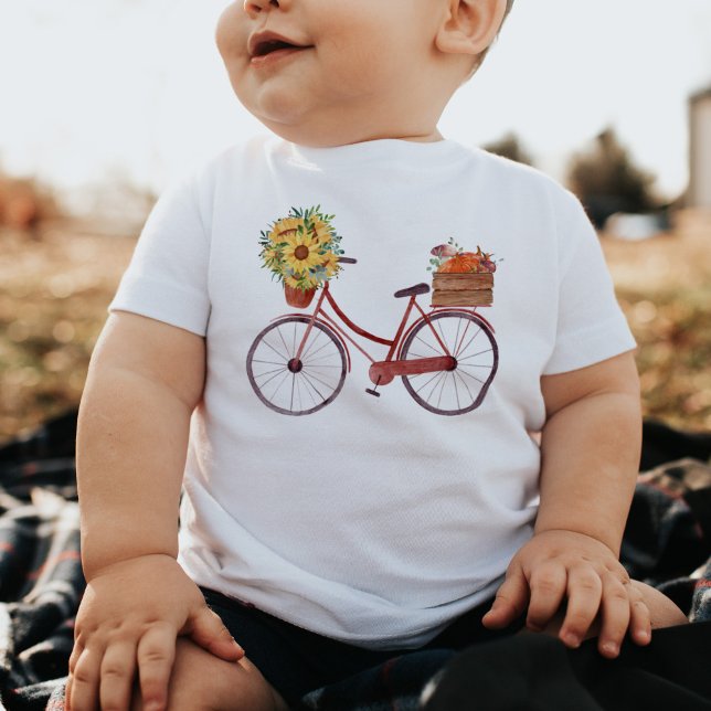 Camiseta Para Bebê Vintage Red Bicycle Sunflower & Pumpkins (Criador carregado)