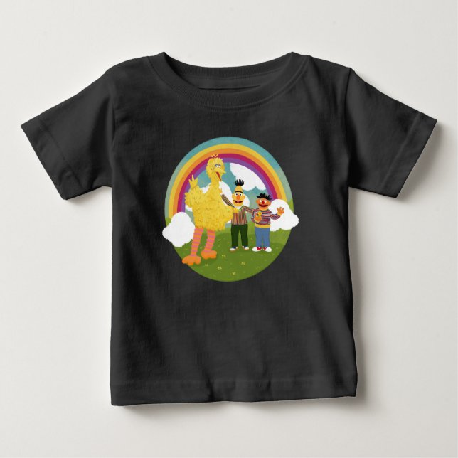 Camiseta Para Bebê Vintage Sesame Street Amigos Rainbow (Frente)